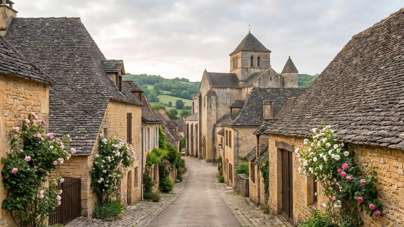 Ruelle de Saint-Amand-de-Coly et maisons aux toits de lauzes