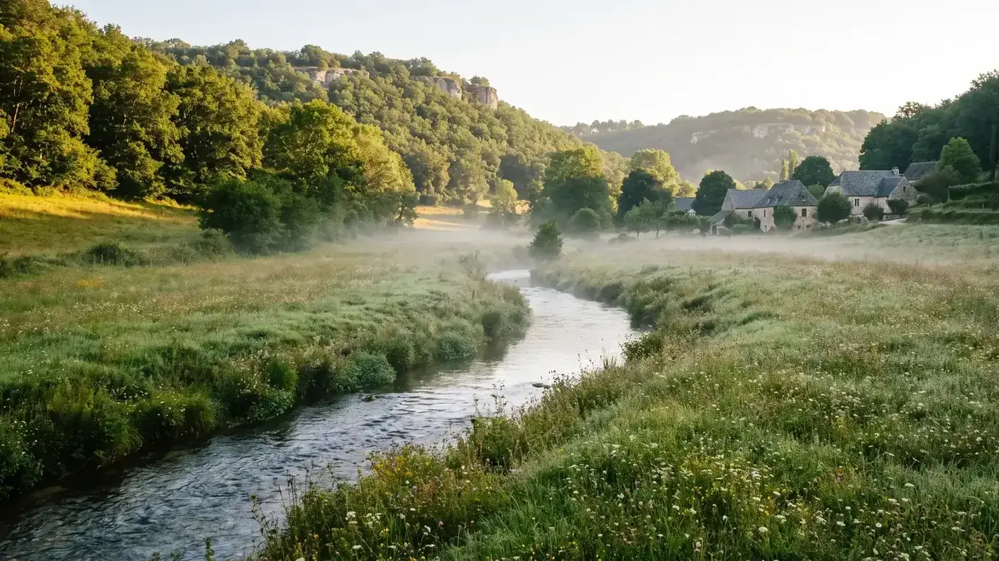Vallon du Coly, prairies et toits de lauzes au lever du jour