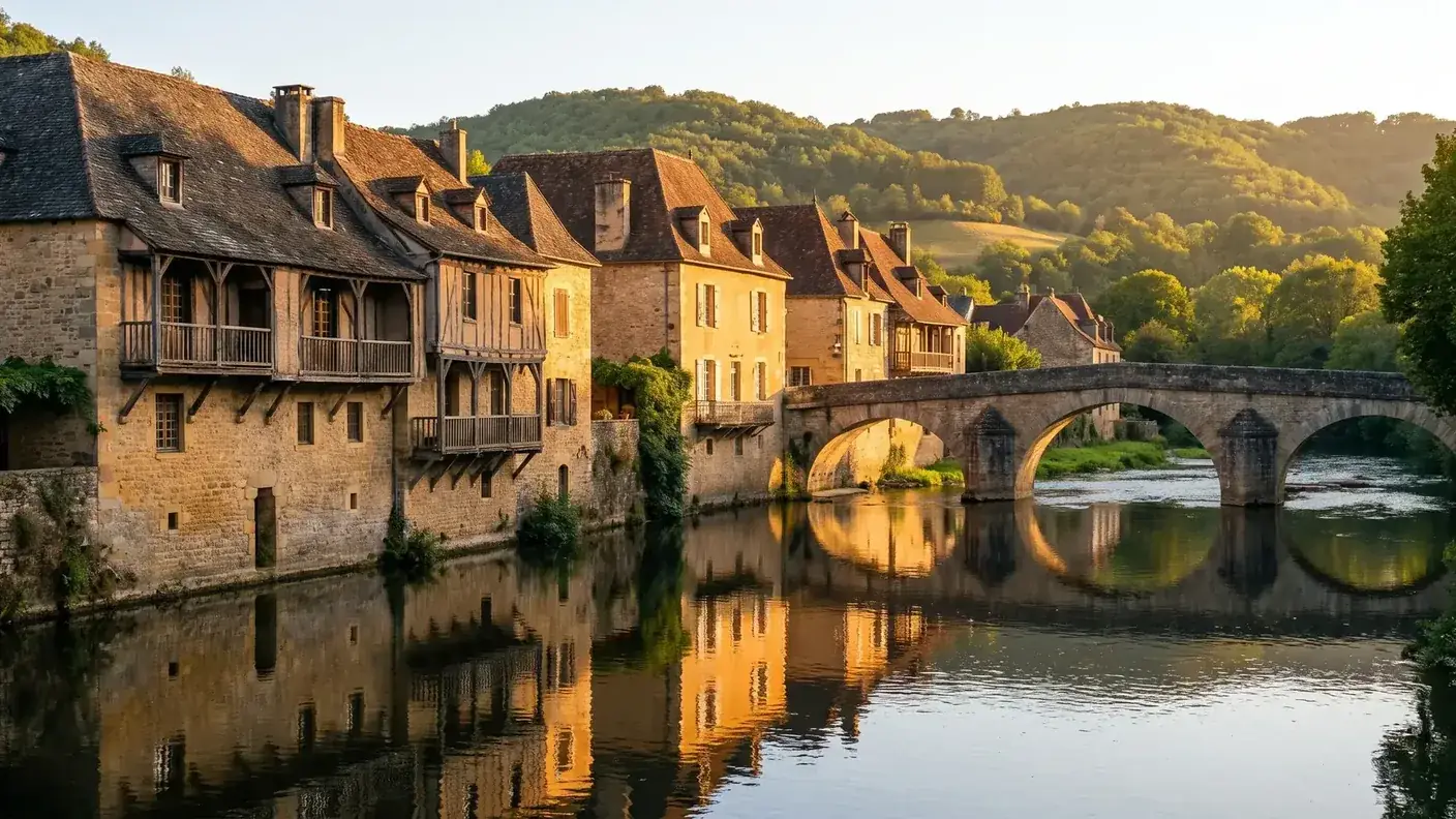Maisons anciennes à galeries de bois de Montignac se reflétant dans la Vézère au soleil du soir, pont de pierre