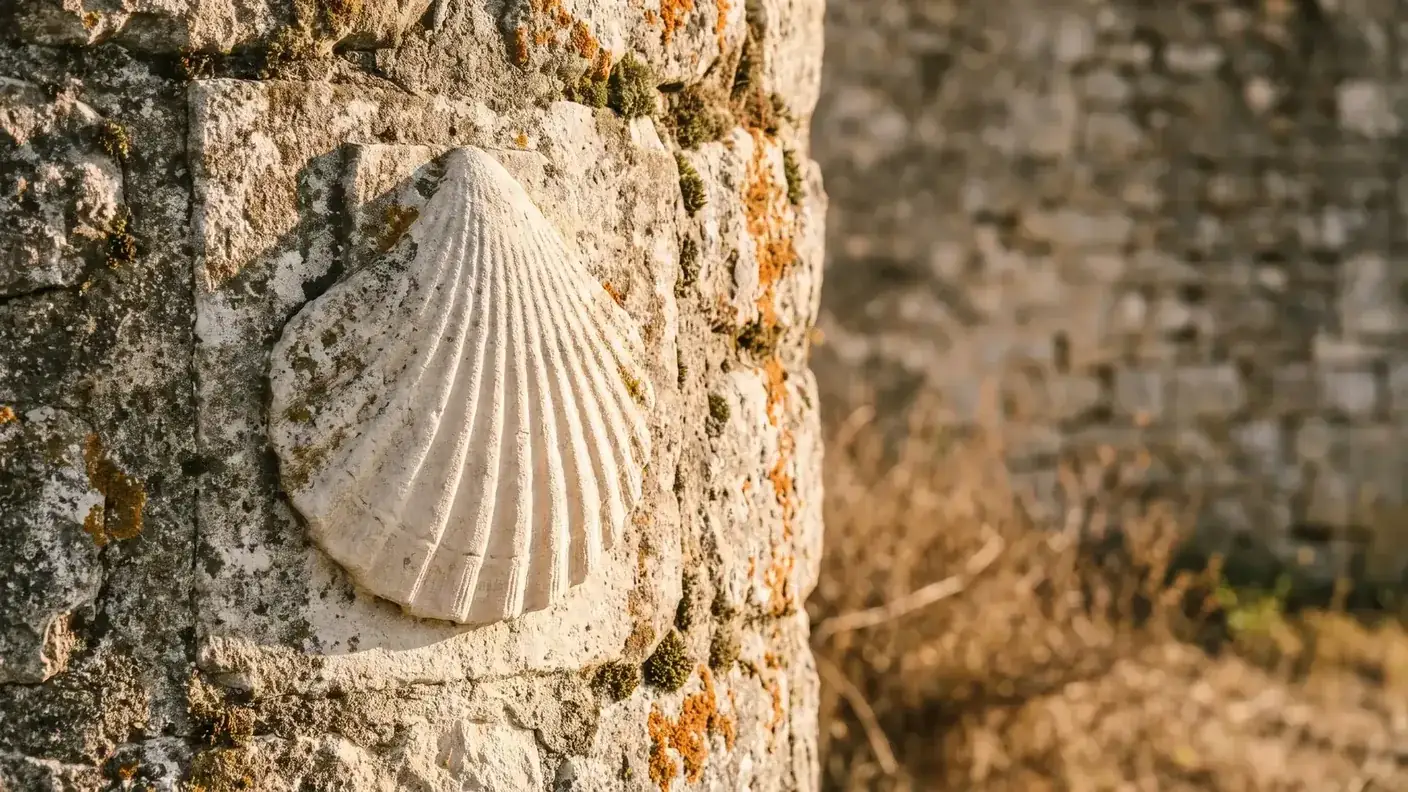 Coquille Saint-Jacques sculptée dans un mur de pierre