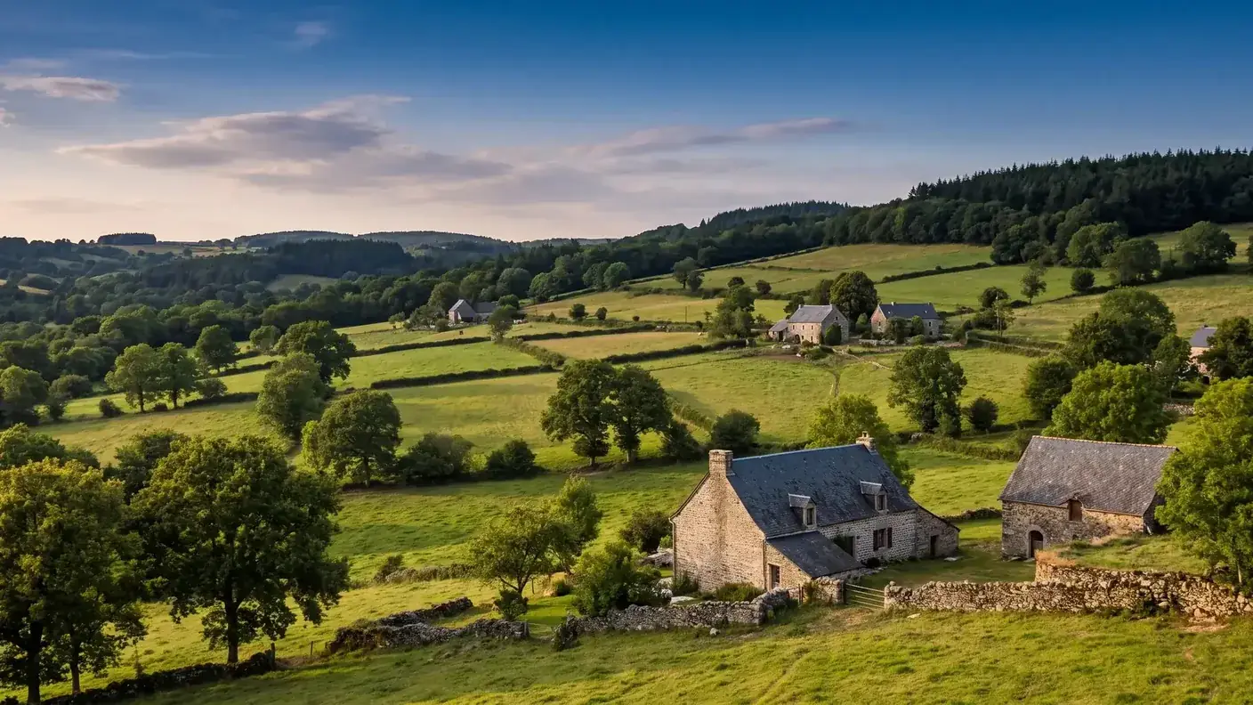 Campagne du haut Limousin près de Coussac-Bonneval, entre forêts et prairies