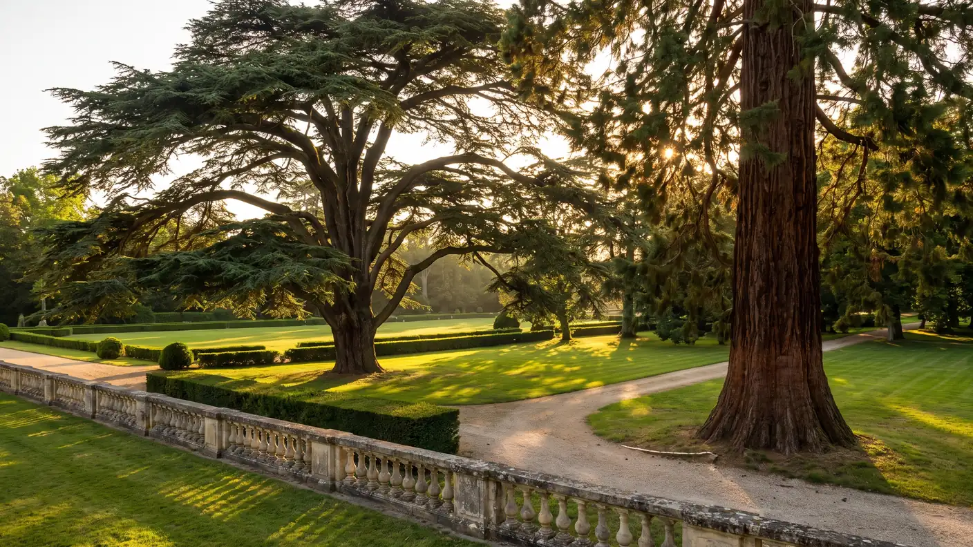 Un grand parc paysager ancien aux arbres majestueux en Gironde à la lumière dorée, un immense cèdre ancien et un séquoia géant à l'écorce rousse profonde s'élevant au-dessus de pelouses, lumière chaude filtrant à travers la canopée, une balustrade de pierre et des haies taillées, ombre verte profonde, un parc de château majestueux et romantique, aucune personne