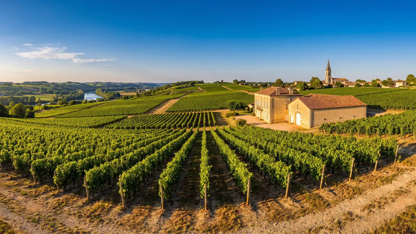 Des vignes vallonnées de Bordeaux du Libournais près de Coutras au-dessus de l'Isle en Gironde à la fin de l'été, rangs de vignes verts parallèles sur des collines douces, un château et un chai de pierre dorée parmi les vignes, un clocher au loin, lumière dorée, ciel bleu, un paysage viticole bordelais généreux et ordonné