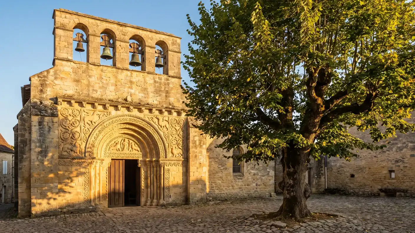 Façade romane sculptée et clocher-mur d'une église de village du Périgord, évocation de Saint-Martin du Coux