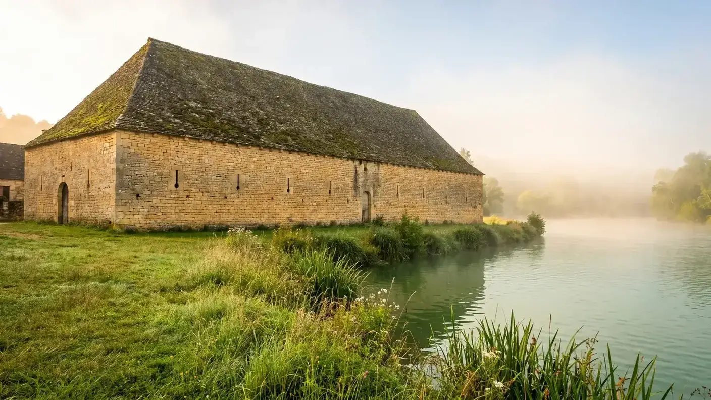 Longue grange médiévale de pierre au bord de la Dordogne dans la brume du matin