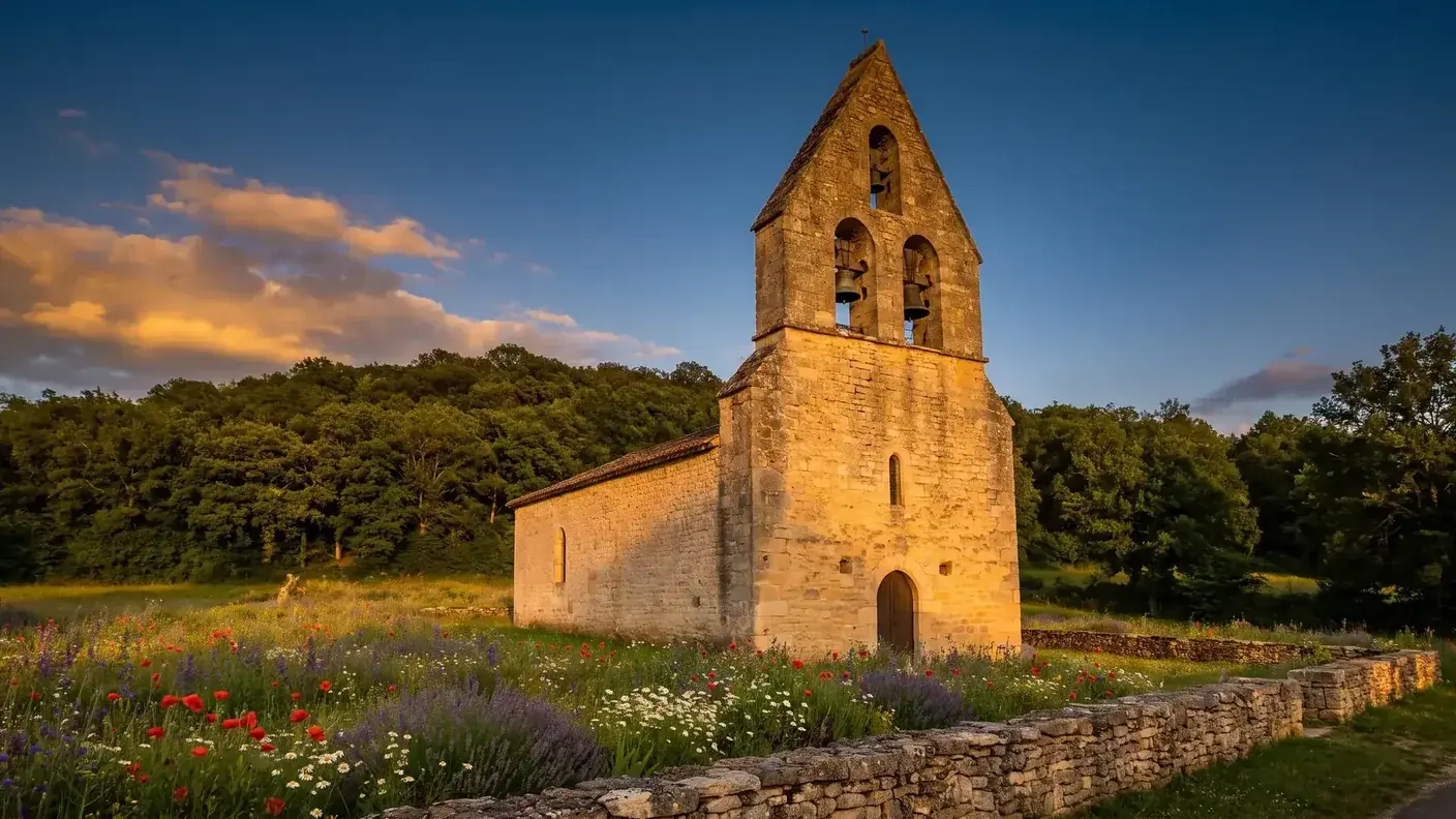 Chapelle de pierre blonde dominée par un grand clocher-mur, évocation de l'église Saint-Jean-Baptiste de Bigaroque