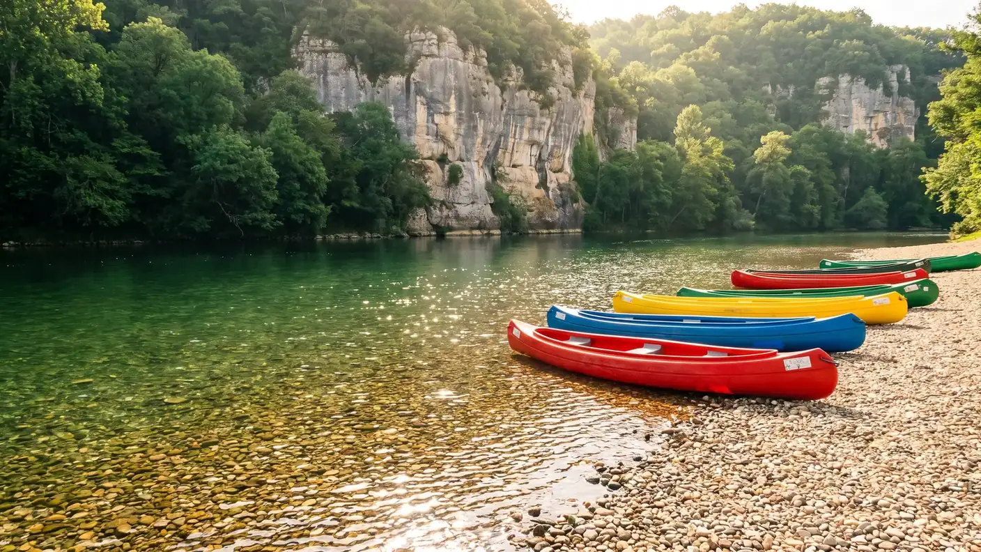 Plage de galets sur la Dordogne avec canoës colorés tirés au sec, falaise boisée en face