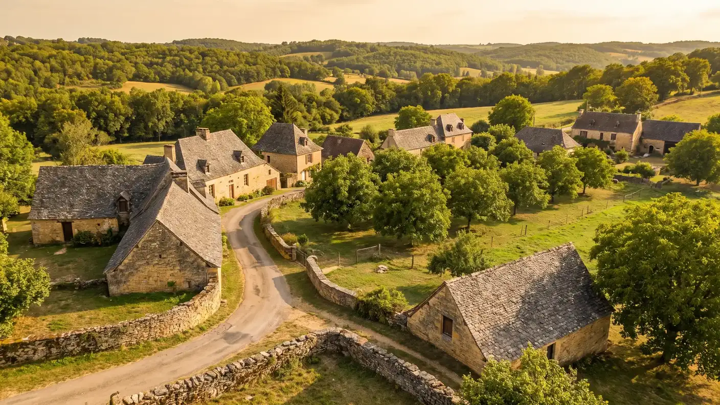 Hameau périgourdin aux toits de lauze entre noyeraies et prairies dorées, évocation de Mouzens