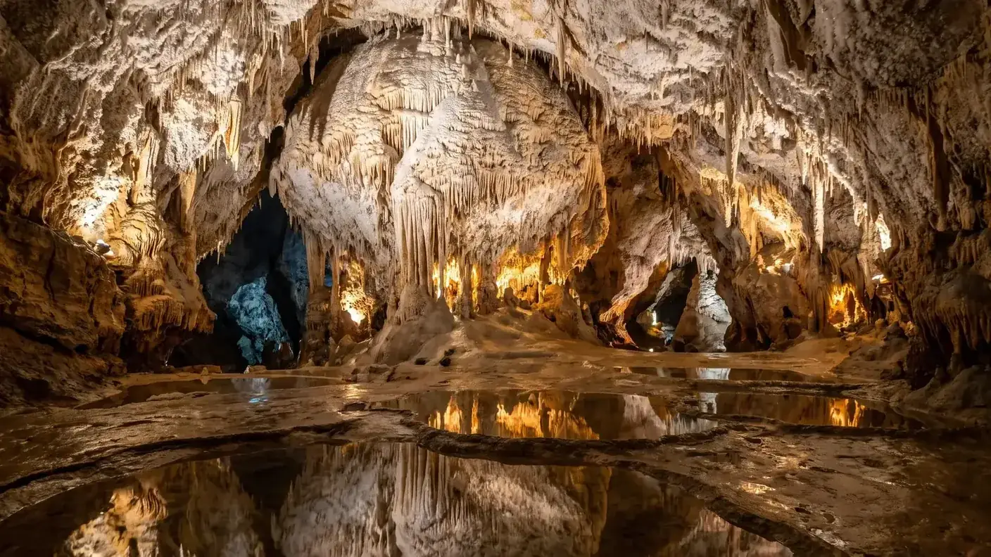 Immense salle souterraine aux concrétions blanches et dorées se reflétant dans une eau calme