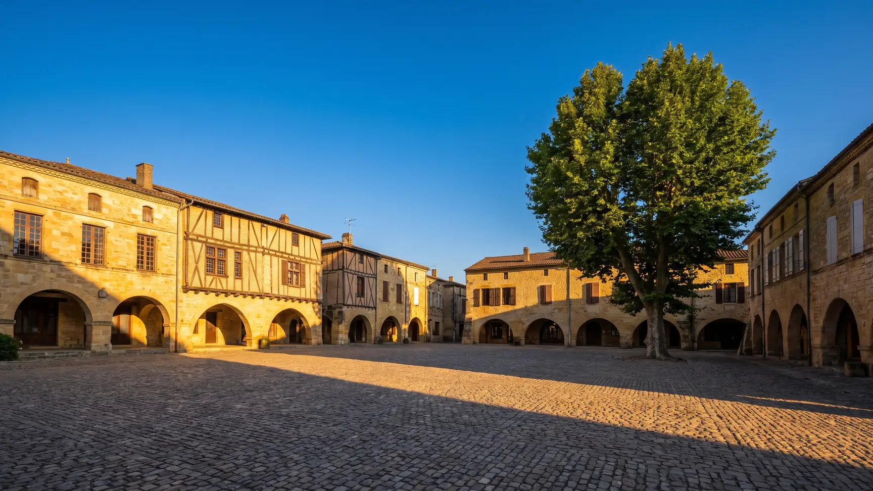 Une place de bastide bordée d'arcades de pierre et de maisons anciennes, ombres chaudes sous les couverts