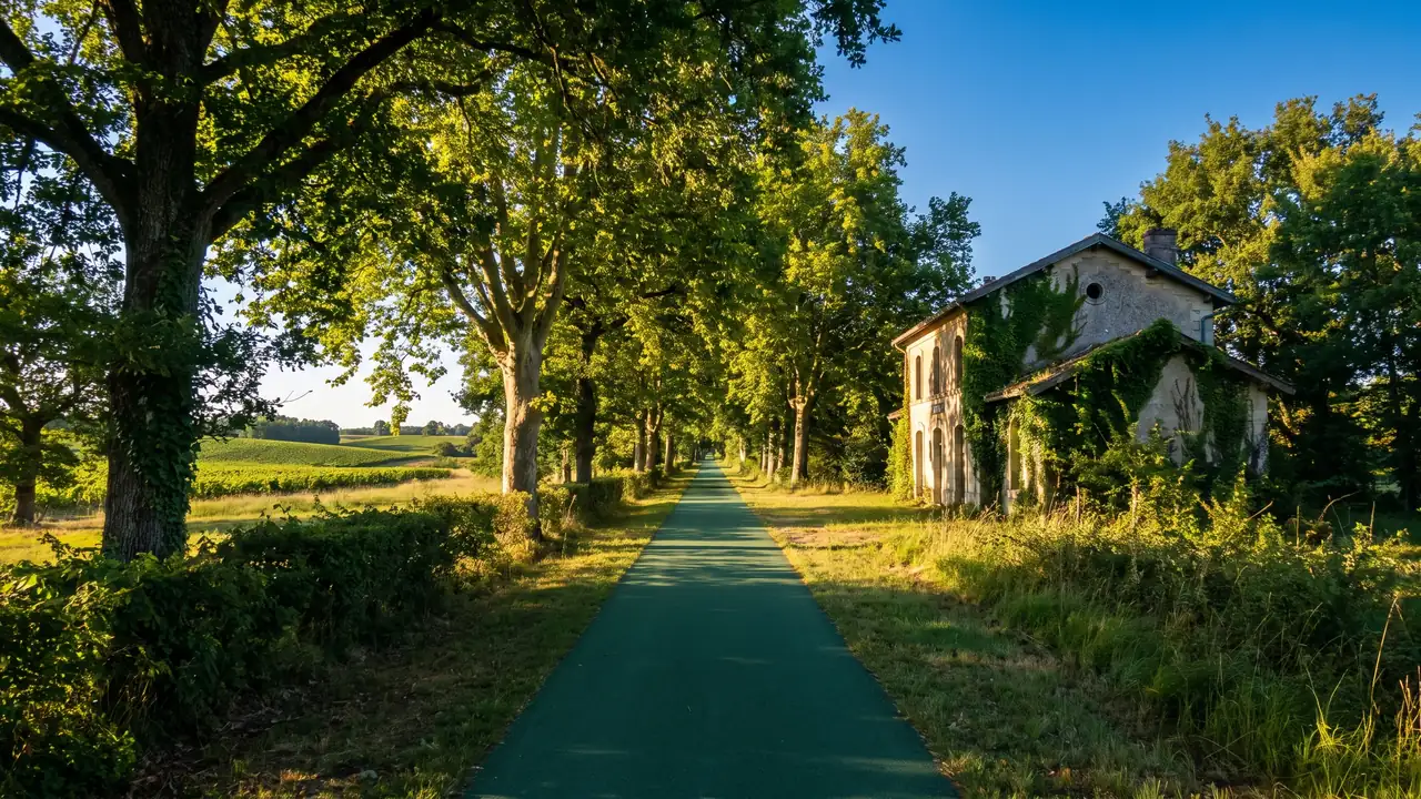 Une voie verte lisse bordée de grands arbres, ancienne voie ferrée devenue piste cyclable, ancienne gare de pierre