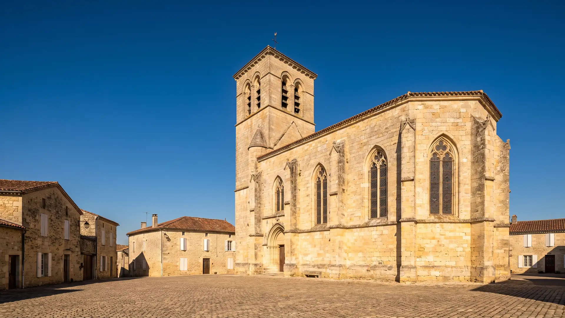 Une église gothique de bastide en pierre dorée, clocher-porche dominant les toits de tuiles et une place