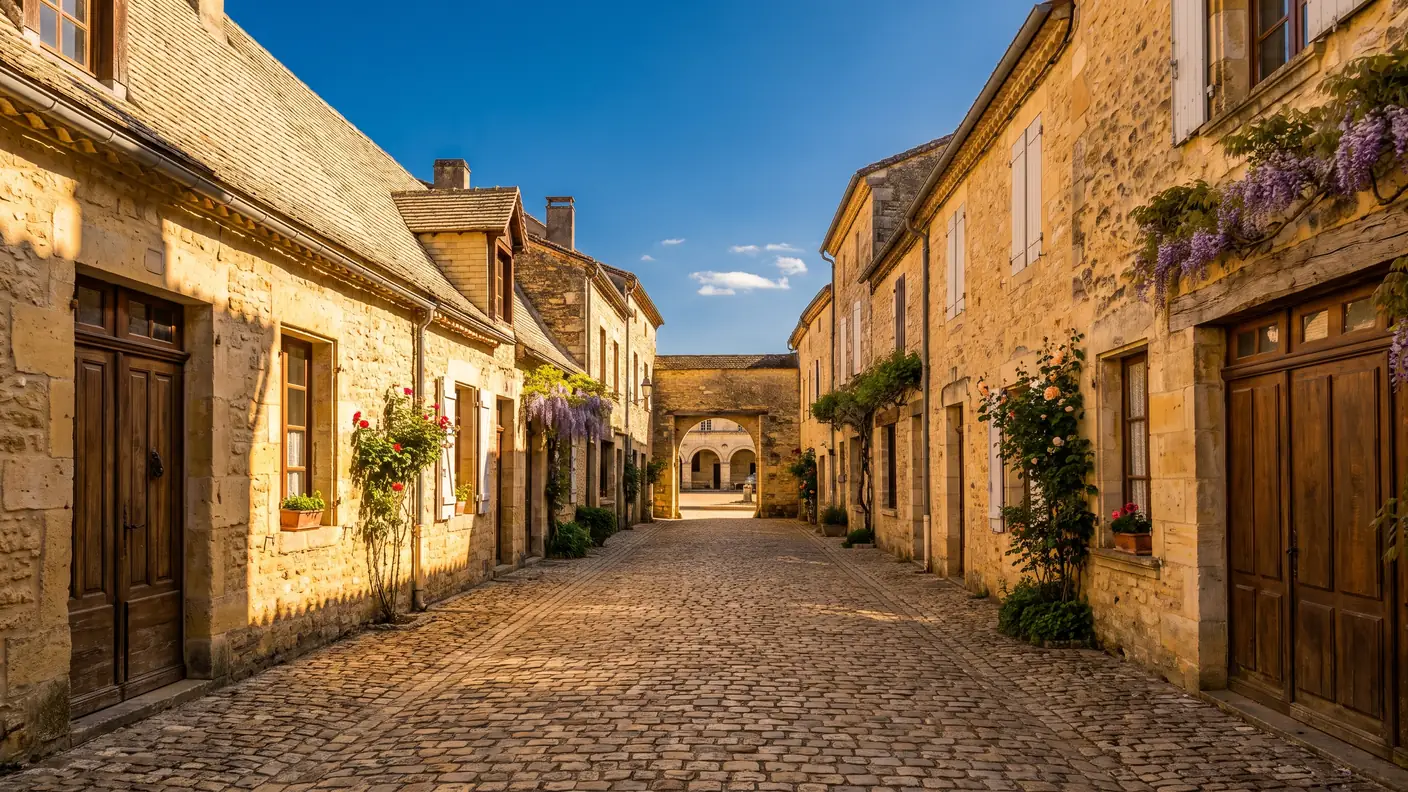 Une rue rectiligne de bastide bordée de maisons de pierre aux toits de tuiles, arcades de la place au bout