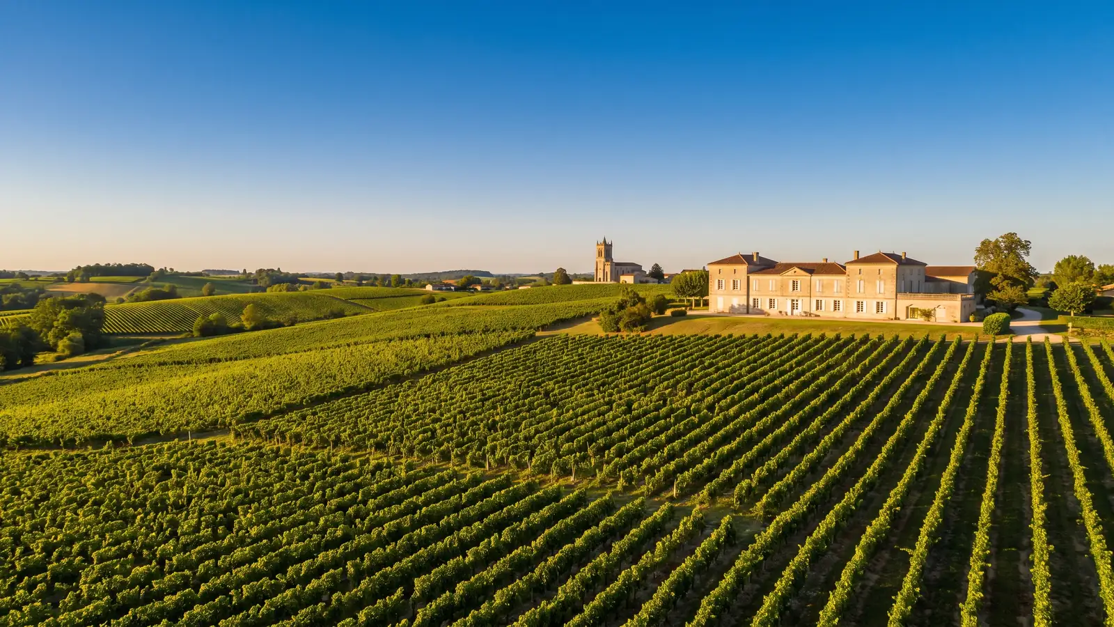 Des rangs de vignes sur les coteaux doux de l'Entre-deux-Mers autour d'une bastide, château viticole en pierre