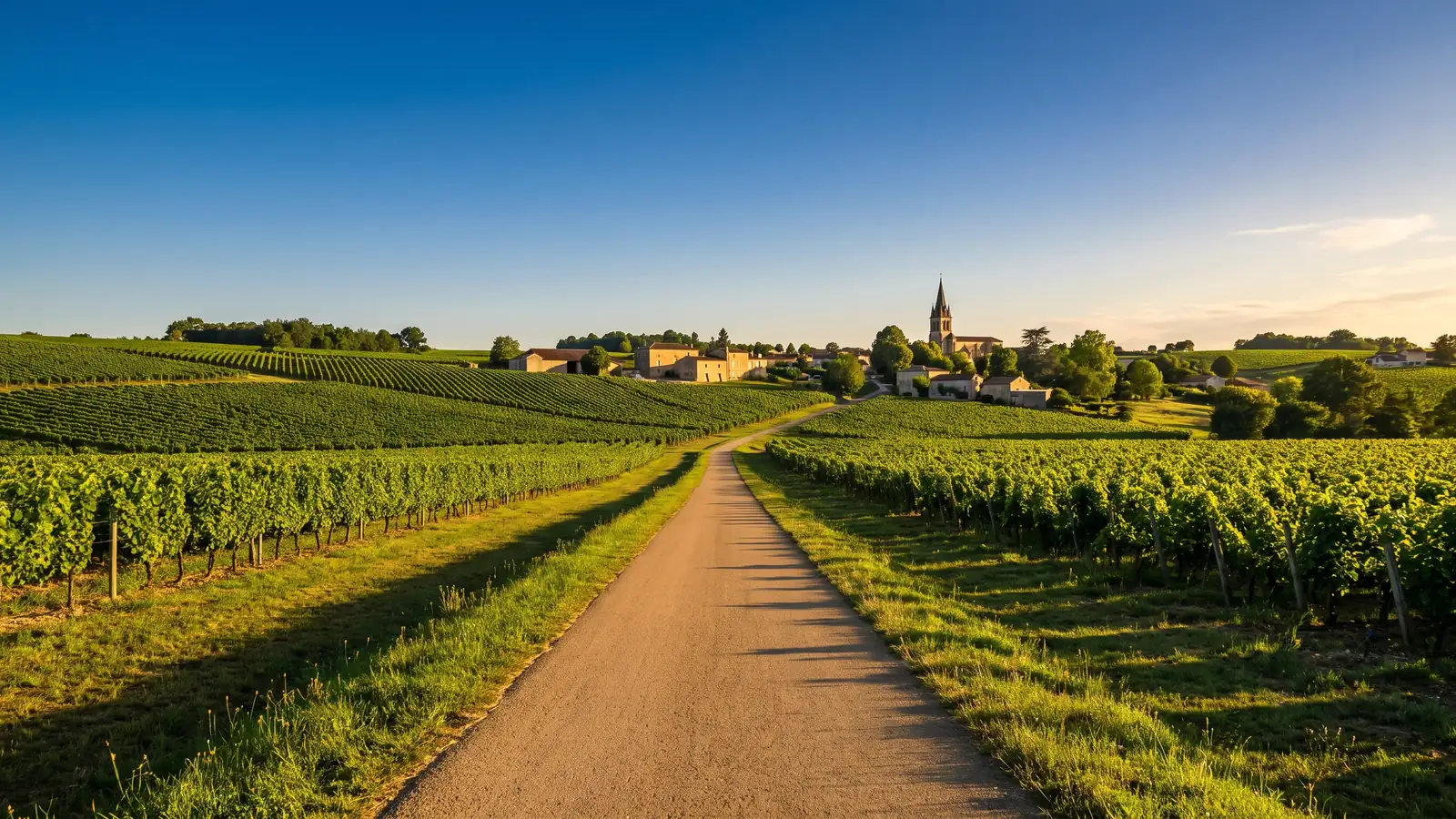 Une voie verte lisse filant entre les rangs de vignes de l'Entre-deux-Mers, hameau de pierre au loin