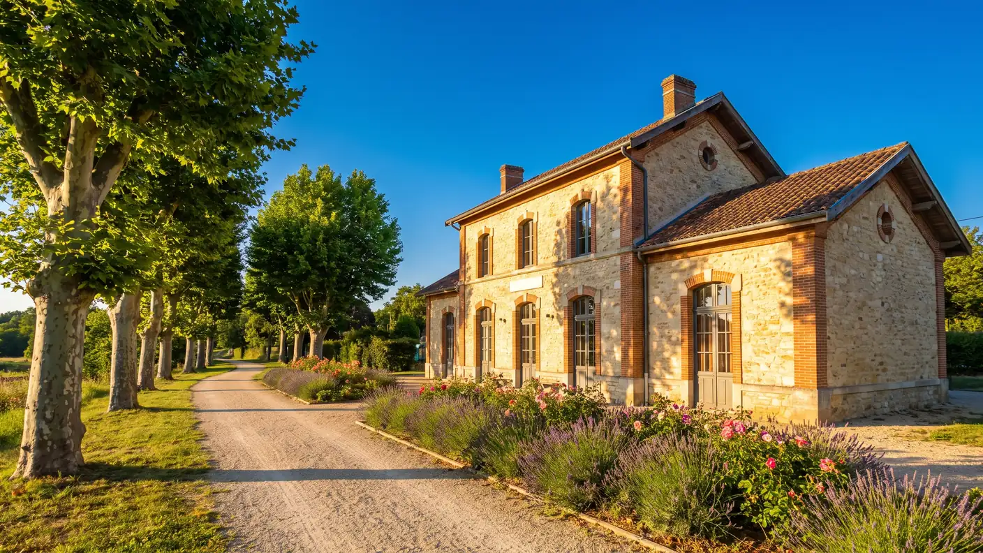 Une ancienne gare de village du XIXe siècle en pierre et brique restaurée au bord d'une voie verte, platanes fleuris