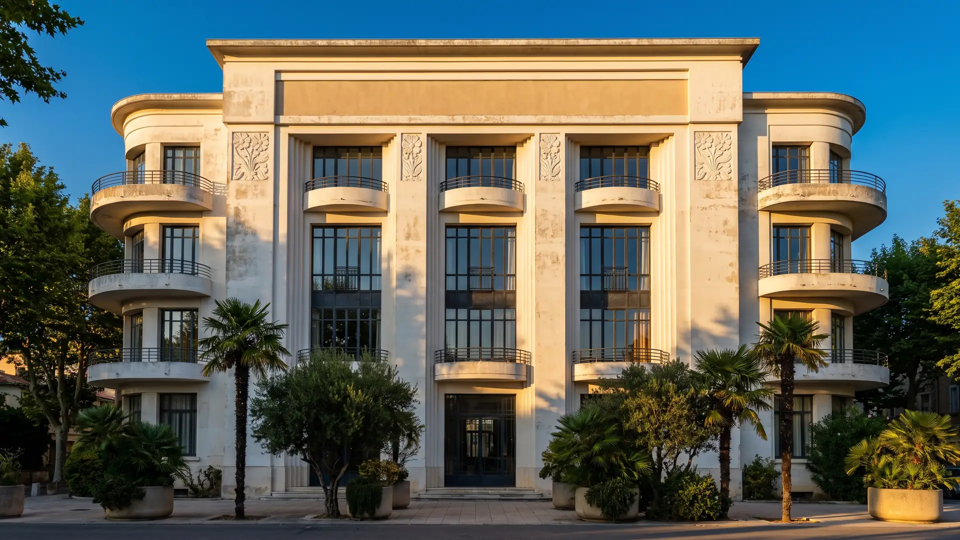 Une façade Art déco des années 1920 en pierre blanche, balcons arrondis et bas-reliefs, palmiers, dans une ville thermale