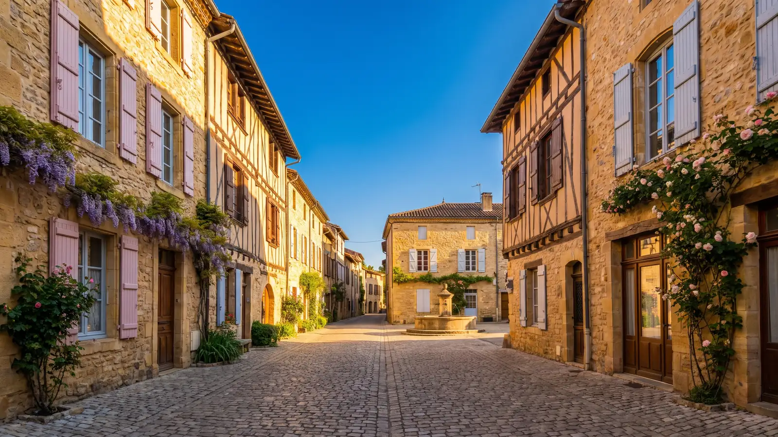 Une rue piétonne du vieux Dax à l'heure dorée, façades à colombages et pierre, une fontaine au bout