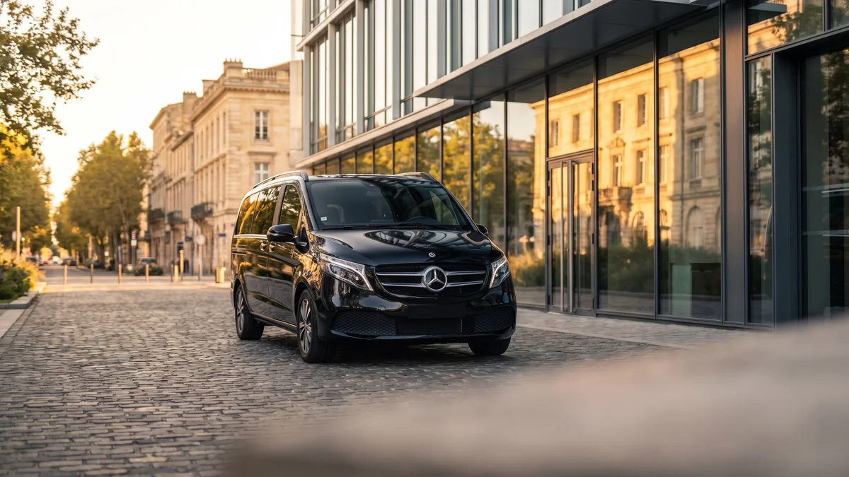 Van noir stationné devant un immeuble de bureaux vitré à Bordeaux