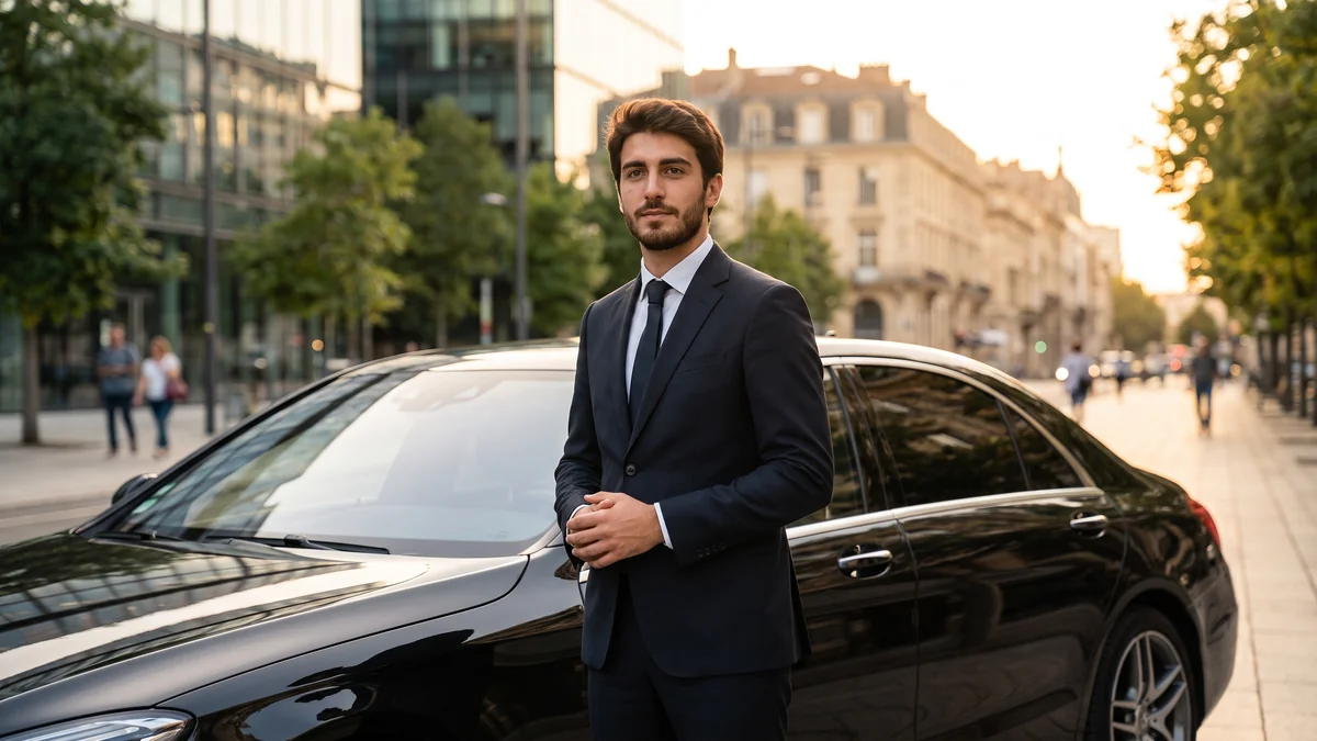 Chauffeur VTC en costume debout devant une berline noire à Bordeaux