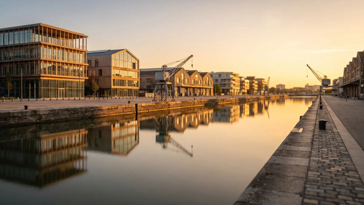 Quais, hangars et grues portuaires des Bassins à flot à Bordeaux au coucher du soleil