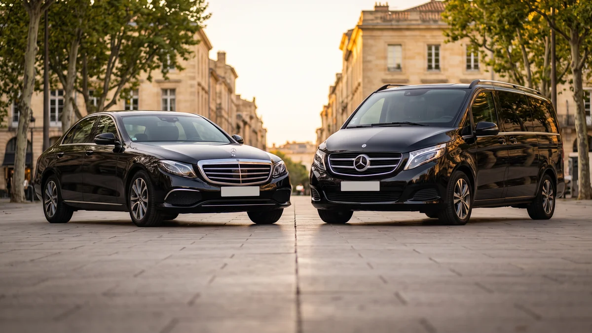 Flotte de VTC berline et van avec chauffeur alignés à Bordeaux