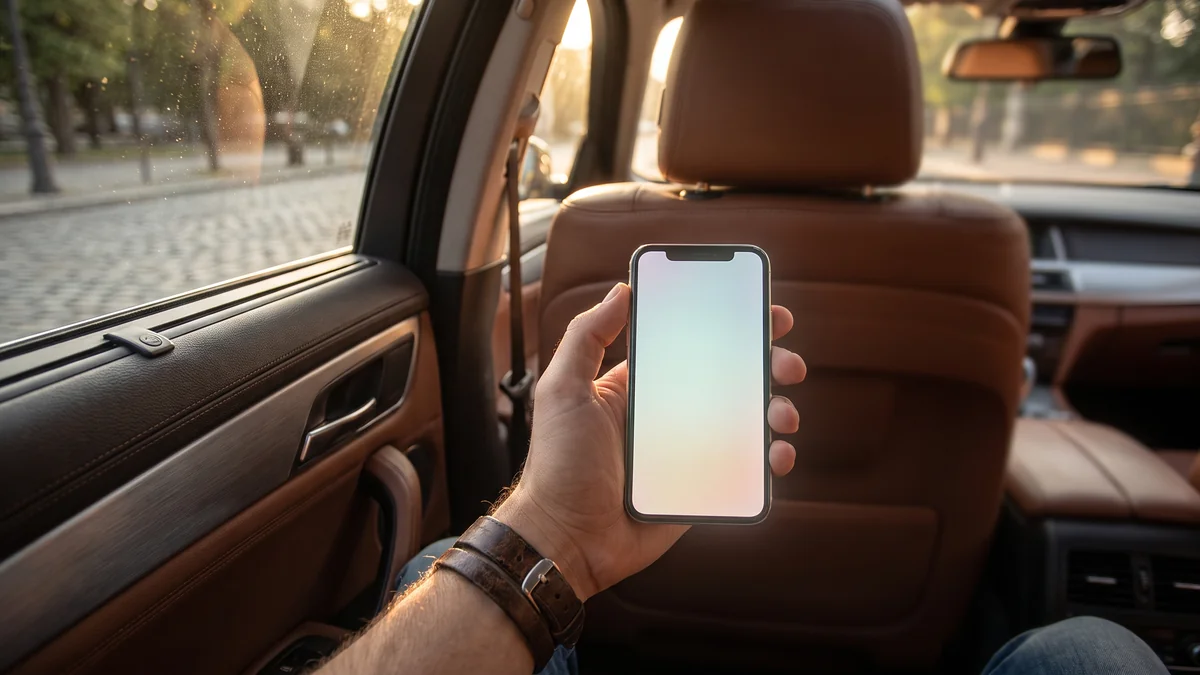 Réservation d'un VTC sur smartphone à l'arrière d'une voiture à Bordeaux