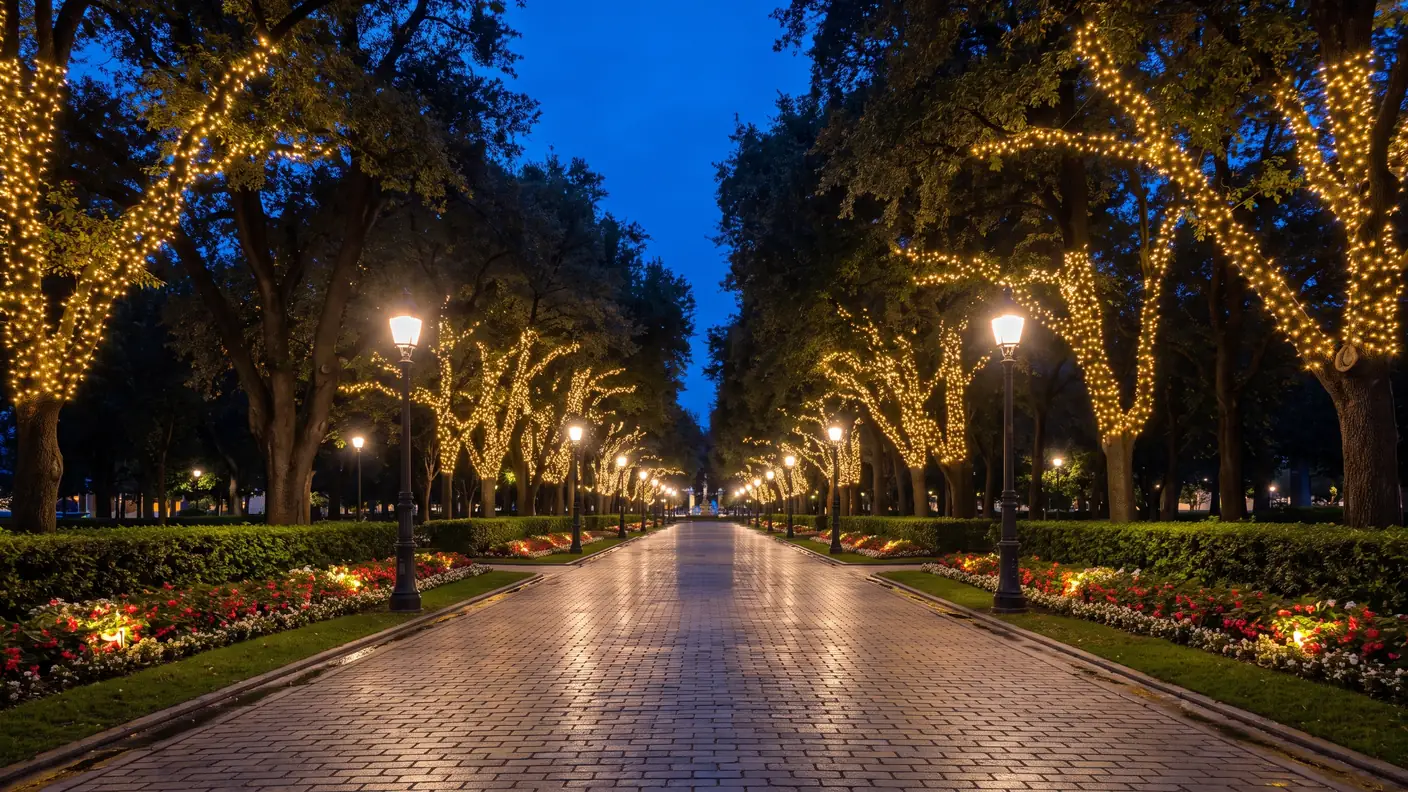 Allée arborée illuminée le soir dans un parc de loisirs