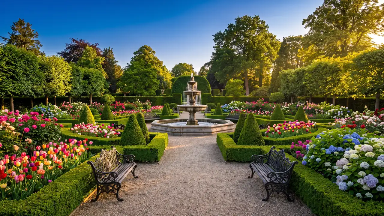 Jardin ornemental et fontaine dans un parc de loisirs