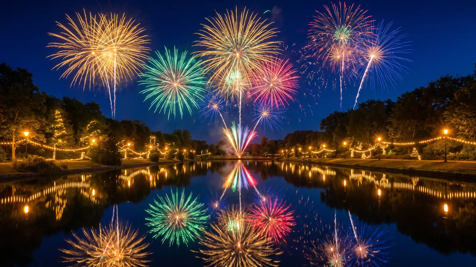 Feux d'artifice reflétés sur un lac dans un parc festif