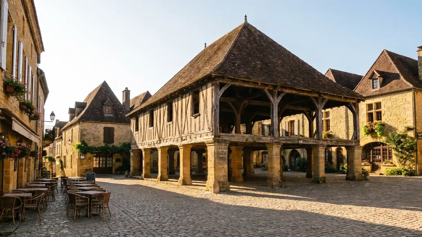 La halle de Domme et sa charpente de bois sur piliers de pierre, place centrale de la bastide