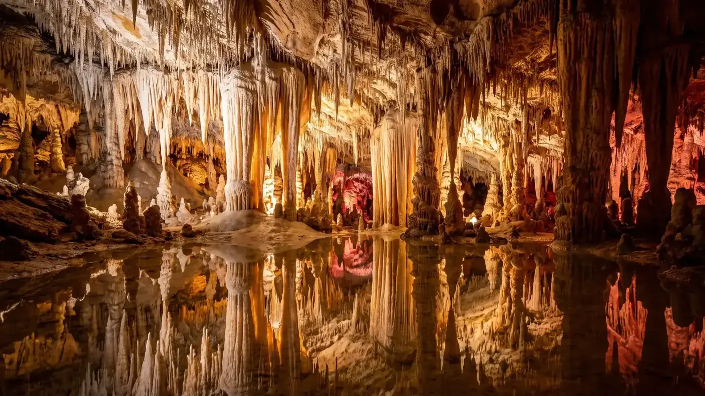 Stalactites, stalagmites et miroirs d'eau dans une grotte naturelle du Périgord
