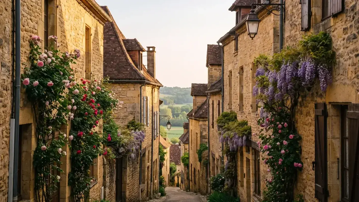 Ruelle fleurie de la bastide de Domme, façades de pierre blonde et vue sur la vallée