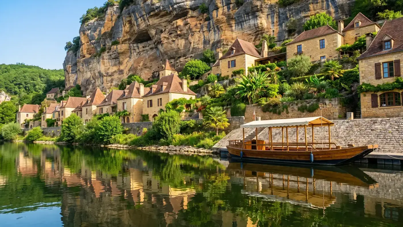 La Roque-Gageac, maisons de pierre blonde adossées à la falaise au bord de la Dordogne, gabarre amarrée