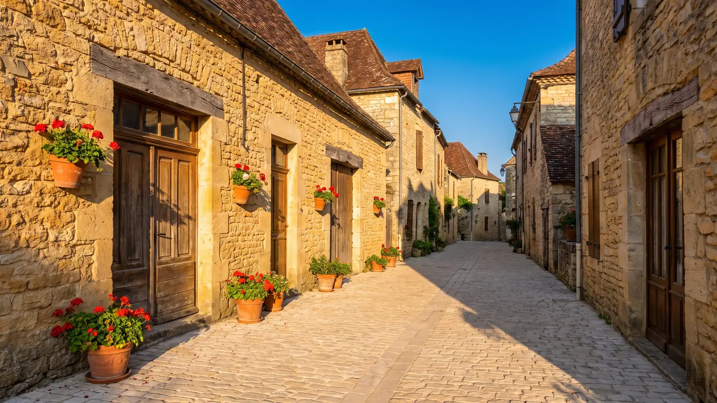 Ruelle bordée de maisons en pierre dans un village du Quercy