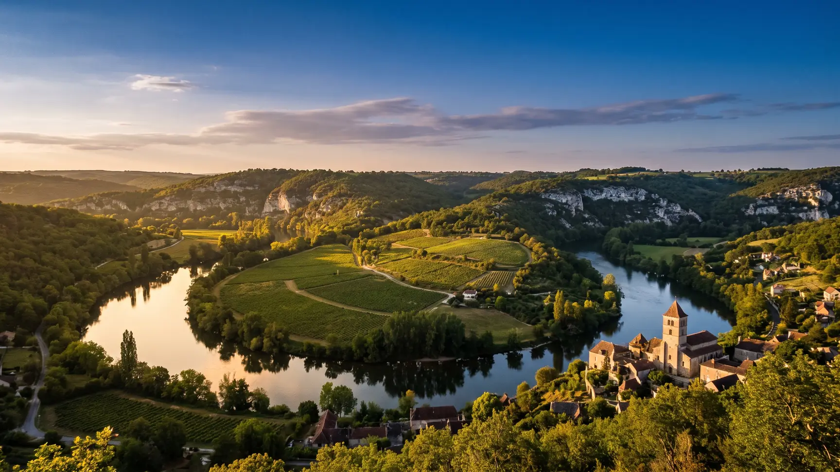 Panorama sur les méandres du Lot et les causses du Quercy