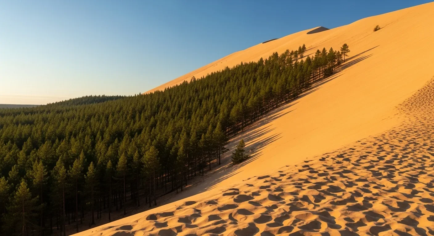 Face est de la Dune du Pilat avec contraste entre le sable doré et la forêt de pins des Landes en contrebas