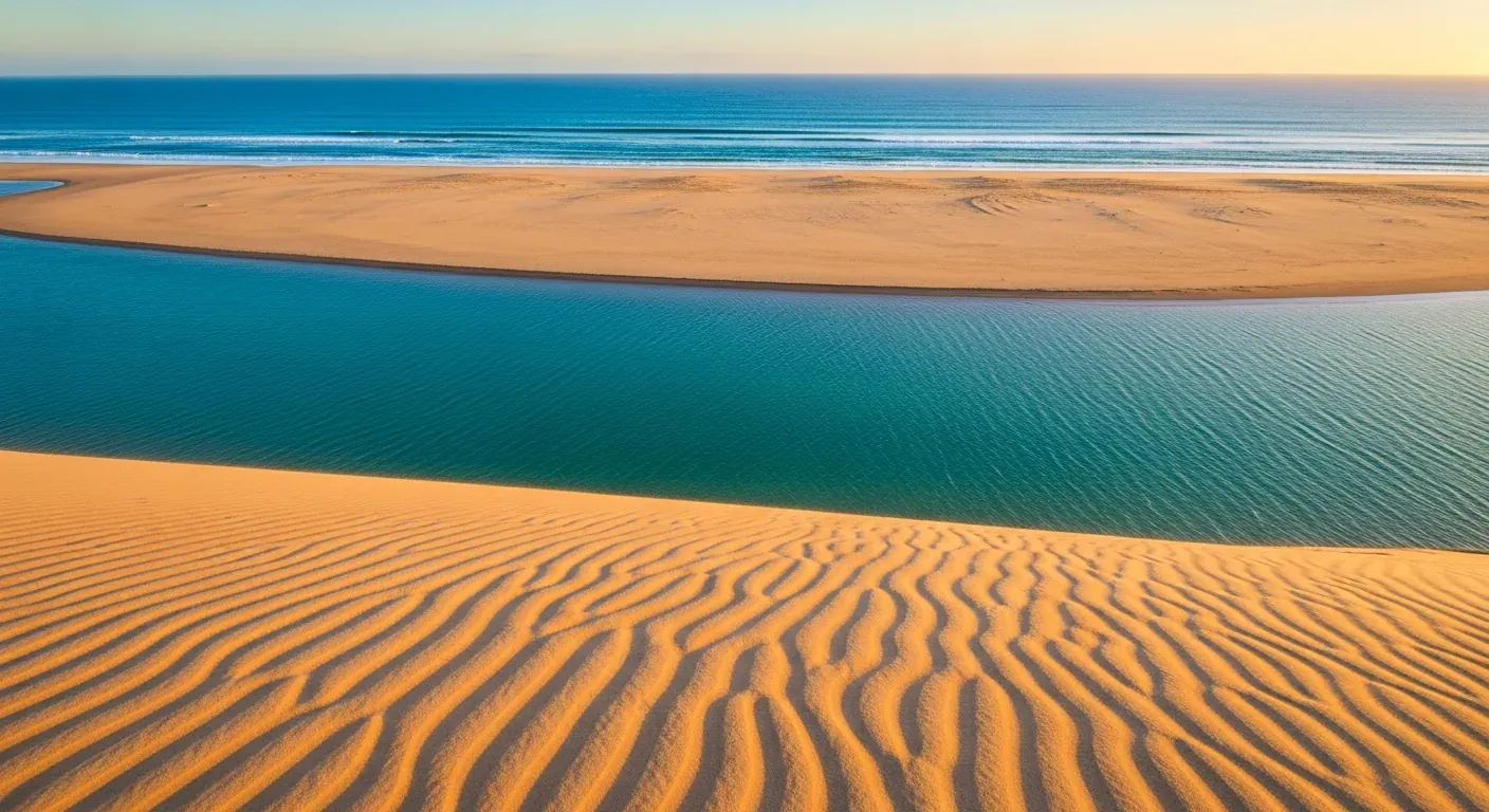 Vue depuis le sommet de la Dune du Pilat sur le Banc d'Arguin et Cap Ferret au coucher du soleil