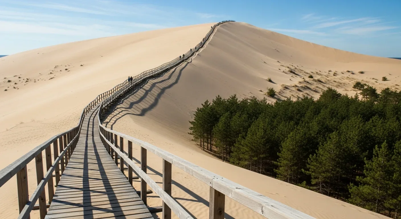 Escalier en bois pour accéder au sommet de la Dune du Pilat avec rampe et marches sur la pente sableuse