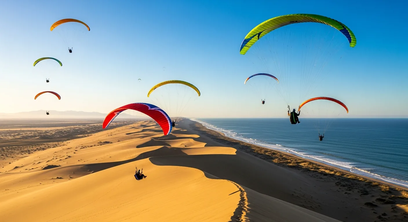 Parapentes colorés volant au-dessus de la Dune du Pilat avec vue sur le Banc d'Arguin et l'océan