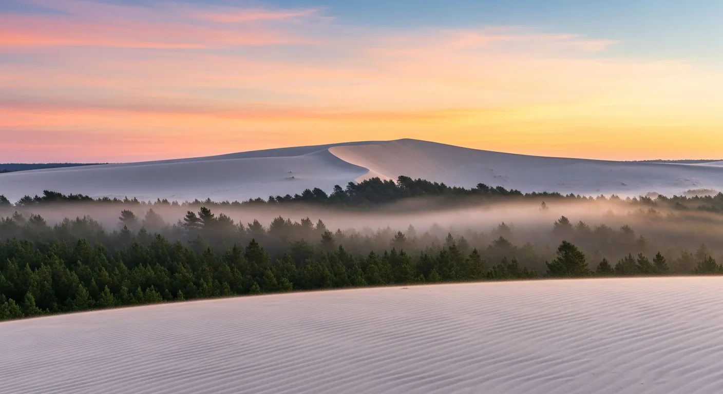 Lever du soleil sur la Dune du Pilat avec brume dorée entre la crête de sable et la forêt de pins