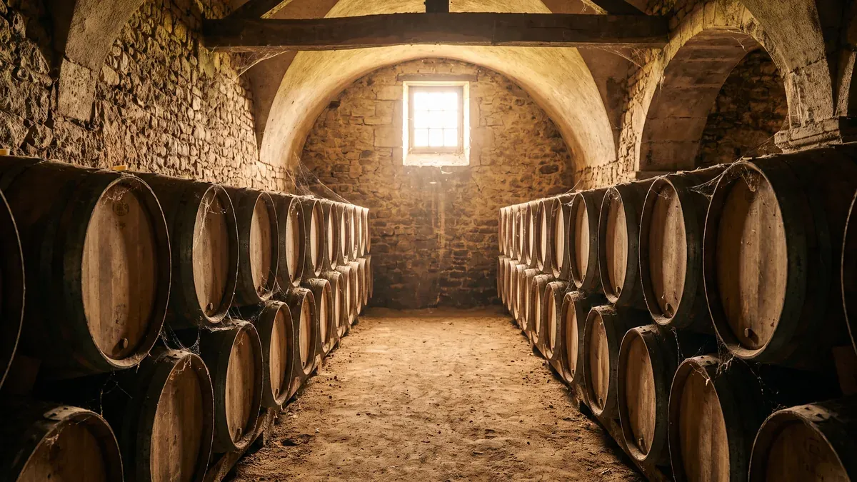 L'intérieur d'un chai à vin à Duras, rangées de fûts de chêne dans la pénombre, lumière dorée d'une fenêtre, tons ambrés