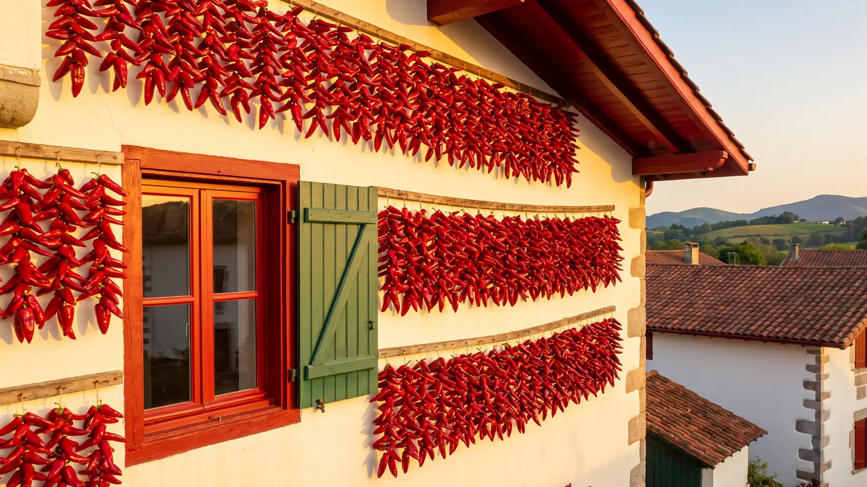 Guirlandes de piments rouges séchant sur une façade d'Espelette
