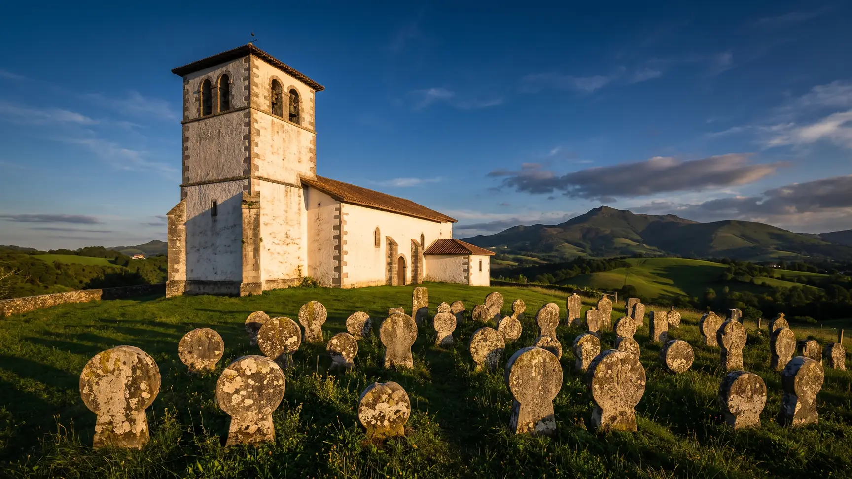 Église Saint-Étienne d'Espelette et stèles discoïdales du cimetière