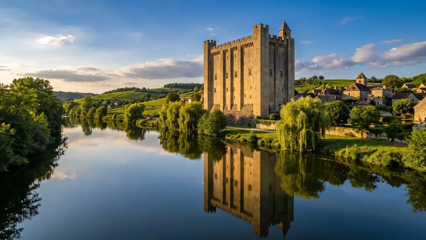 Donjon médiéval d'Eymet reflété dans le Dropt