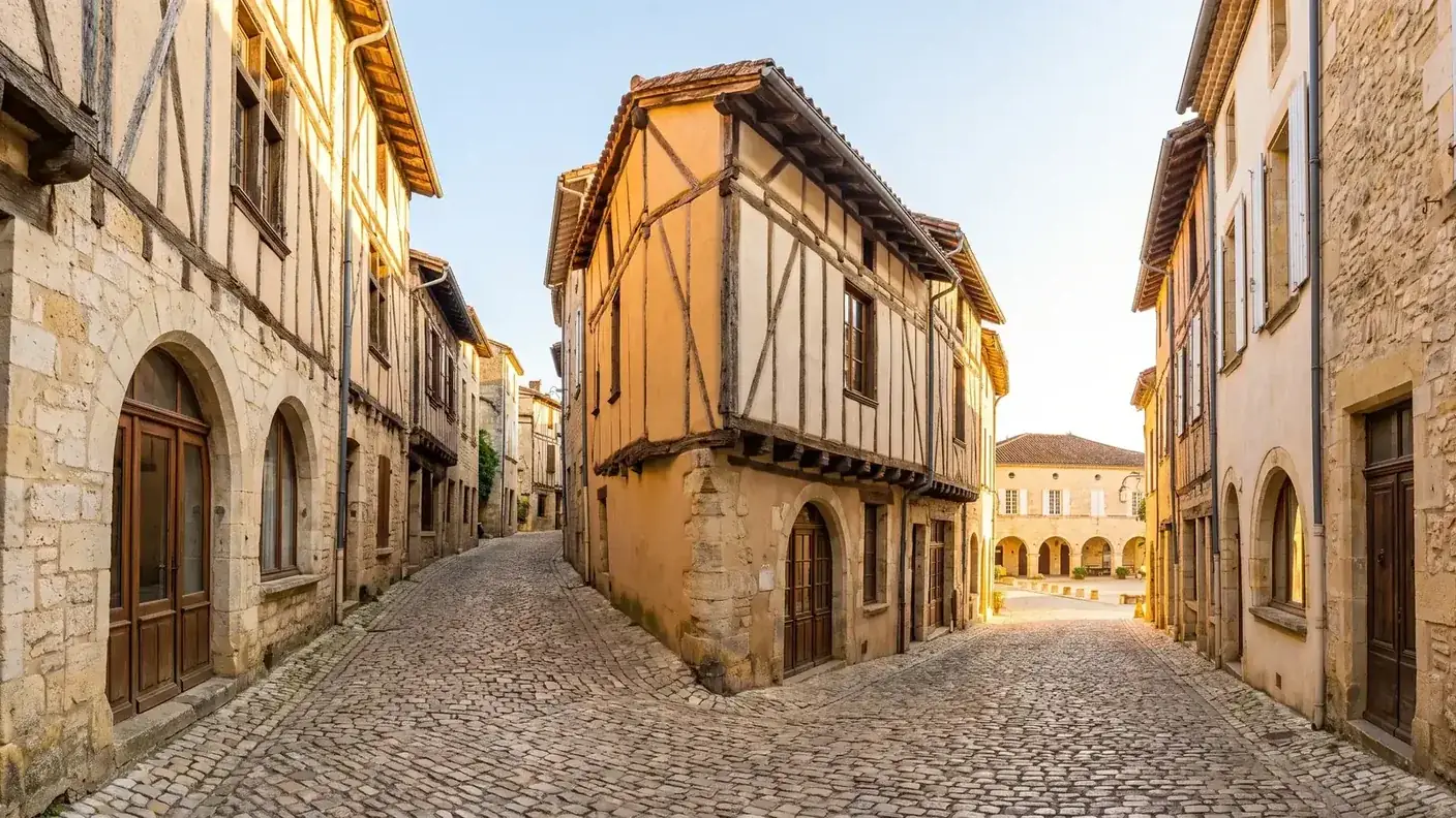 Rue médiévale d'Eymet bordée de maisons à colombages