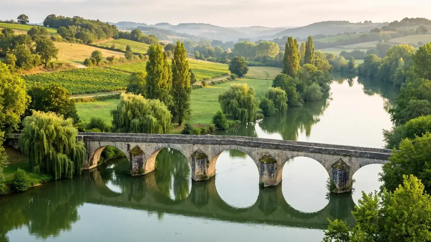 Rivière Dropt et vieux pont de pierre près d'Eymet