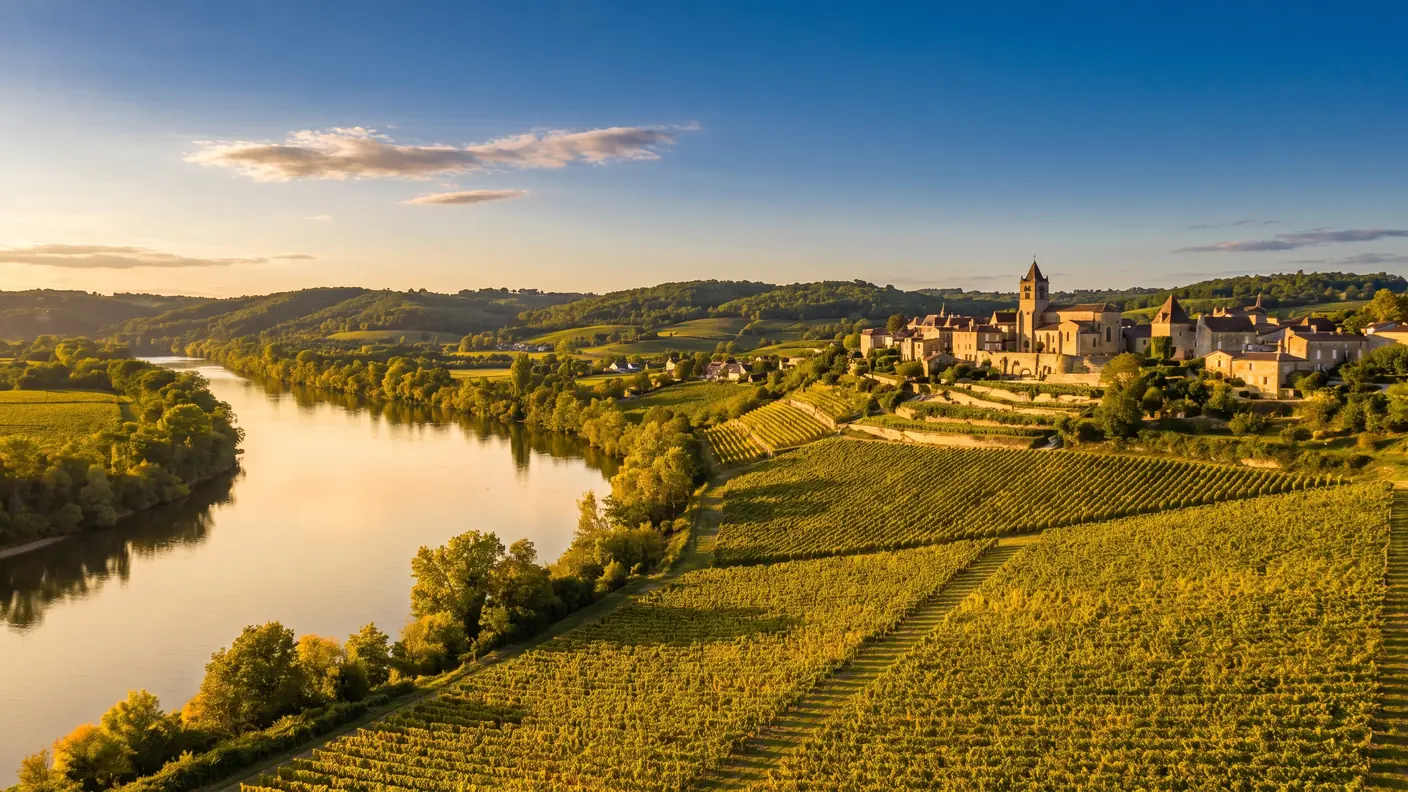 La vallée de la Dordogne à Eynesse, un fleuve calme longeant des coteaux de vignes au coucher du soleil