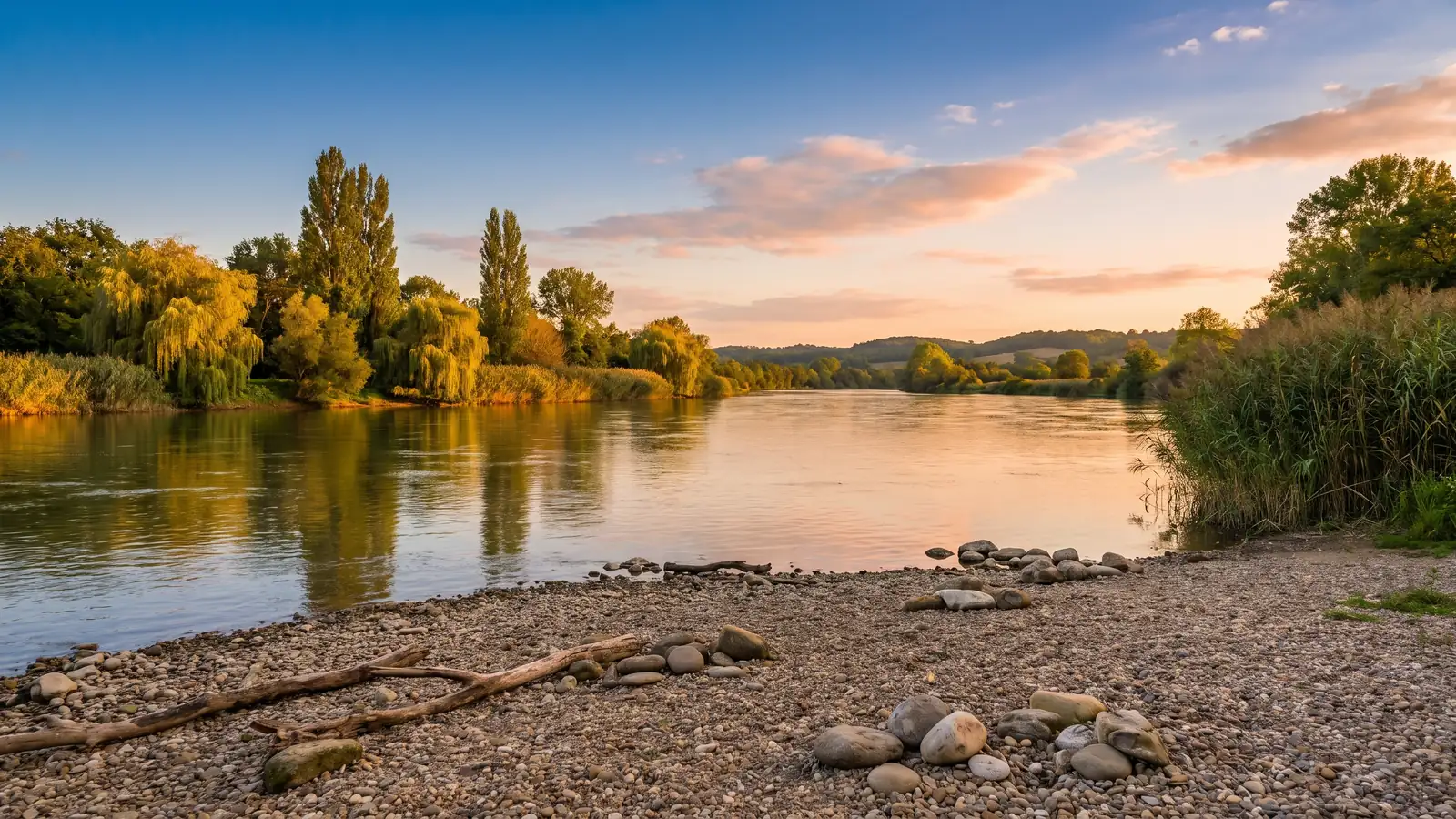La Dordogne à Eynesse à l'heure dorée, un large fleuve calme glissant entre des berges de saules et de roseaux