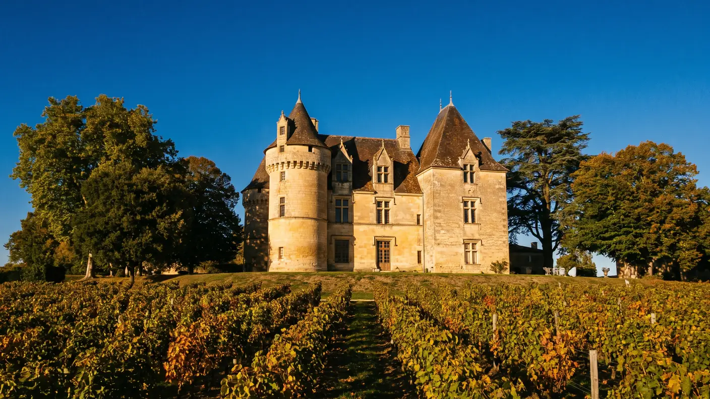 Un château de pierre des XVe-XVIe siècles à tour ronde et hautes toitures, dressé au-dessus de vignes en Gironde